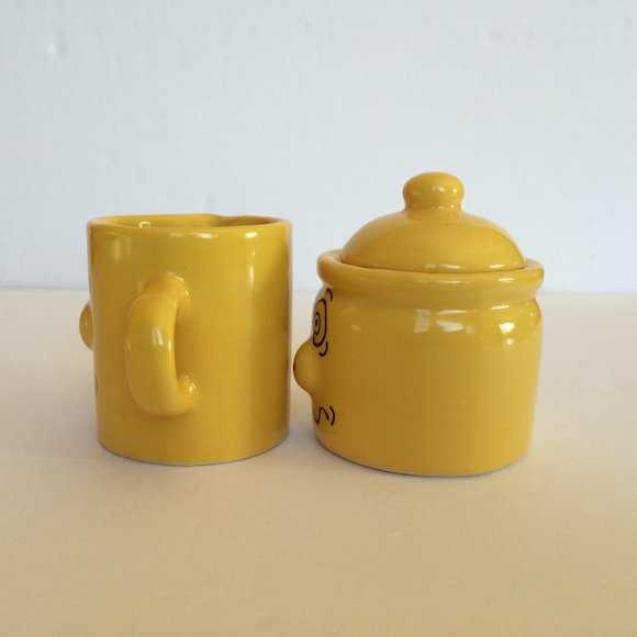 Funny Scary Face 3D Protruding Nose Sugar Bowl Creamer Set Mustard Yellow - Picture 2 of 11